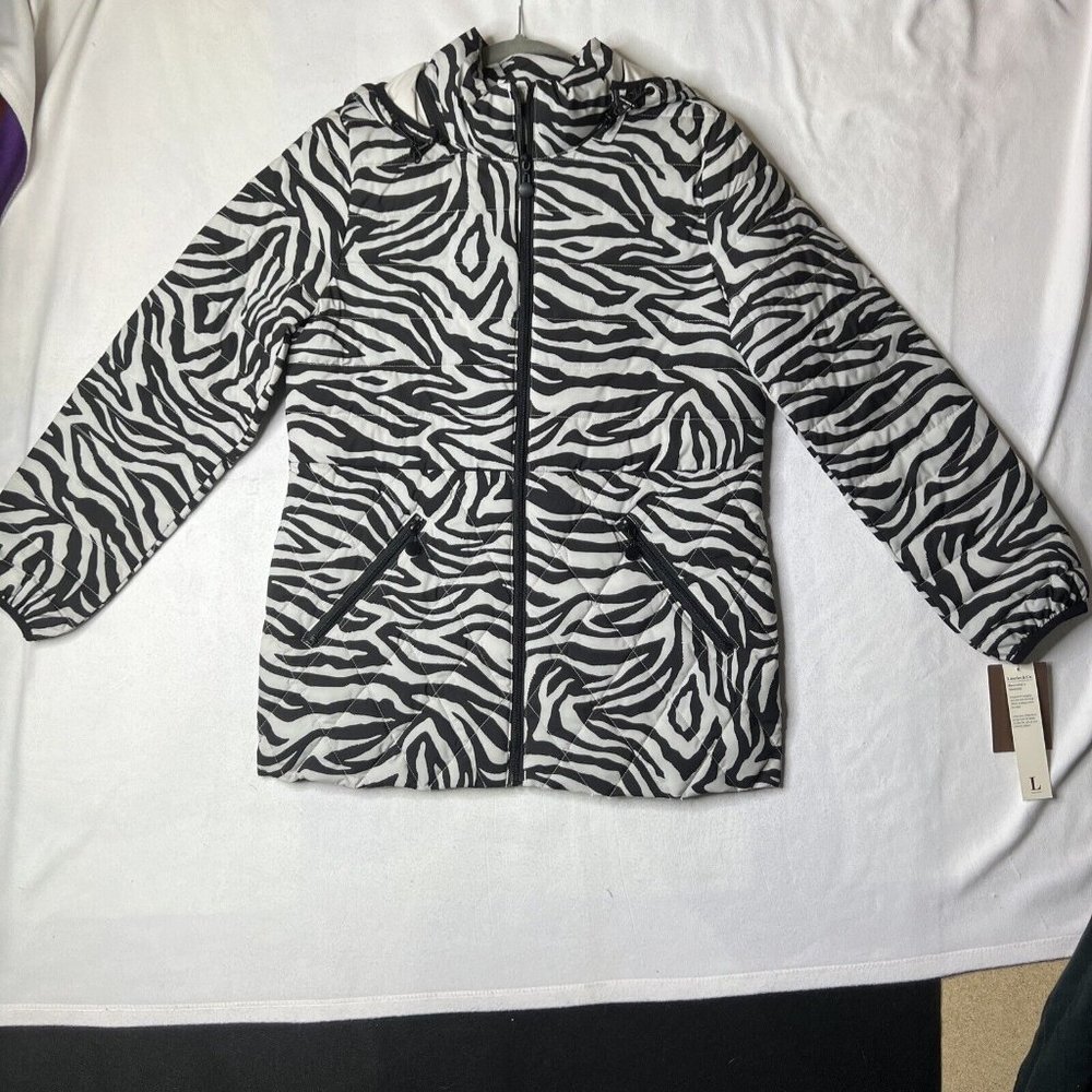 Laurier & Co. Womens Water-Resistant Zebra Print Stretch Puffer Coat Medium